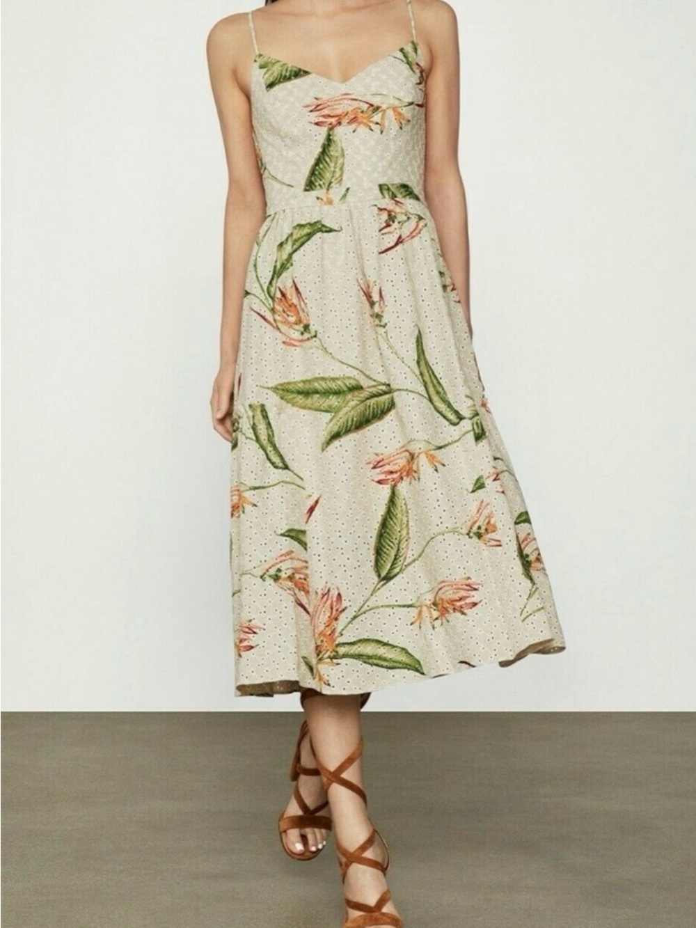 BCBGMaxAzria Cream Floral Spaghetti-Strap Midi Dress size 6 boho casual wear
